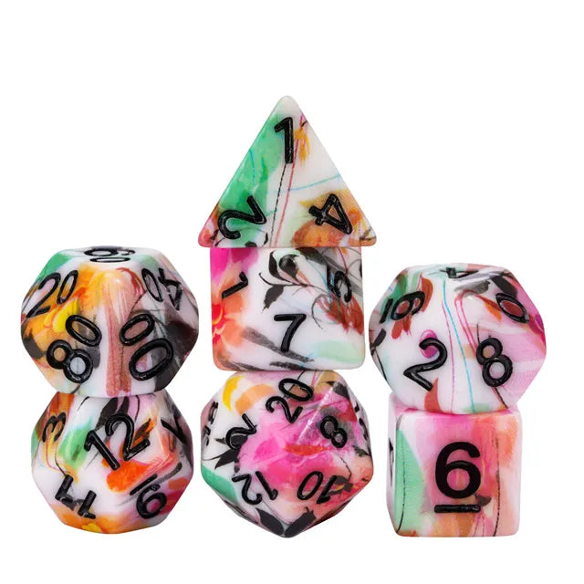 Multi-Colour Pattern Mix Pattern 7pc Dice Set inked in Black
